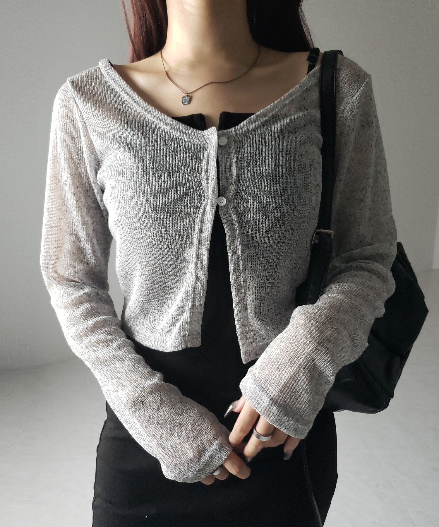 【 ３color 】フロントボタンシアーショートカーディガン ／ front botton sheer short cardigan