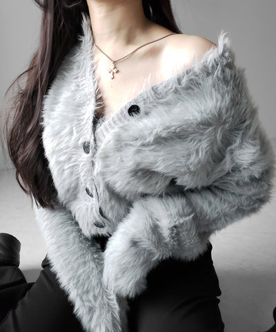 ブラックボタンショートシャギーニットカーディガン ／ black button short shaggy knit cardigan