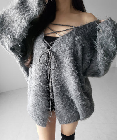 レースアップリボンオーバーシャギーニットカーディガン ／ lace up ribbon over shaggy knit cardigan