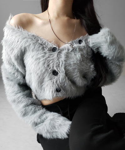 ブラックボタンショートシャギーニットカーディガン ／ black button short shaggy knit cardigan