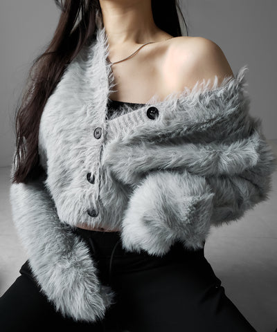 ブラックボタンショートシャギーニットカーディガン ／ black button short shaggy knit cardigan