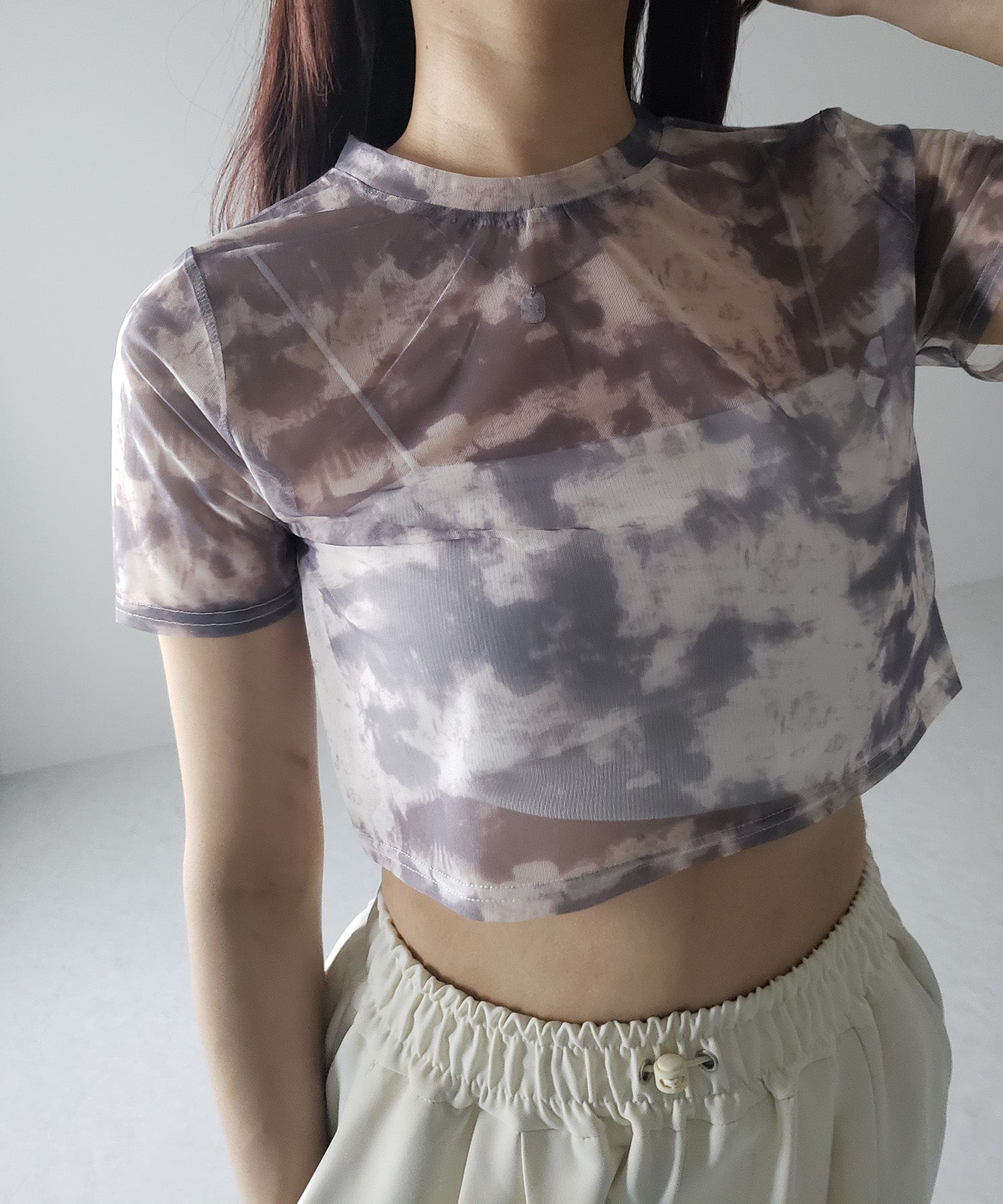 【 選べる３color／２size 】ニュアンスタイダイシースルーショート丈トップス