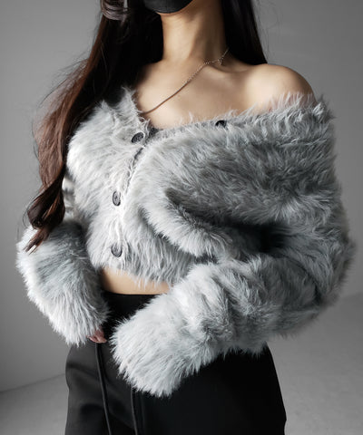 ブラックボタンショートシャギーニットカーディガン ／ black button short shaggy knit cardigan