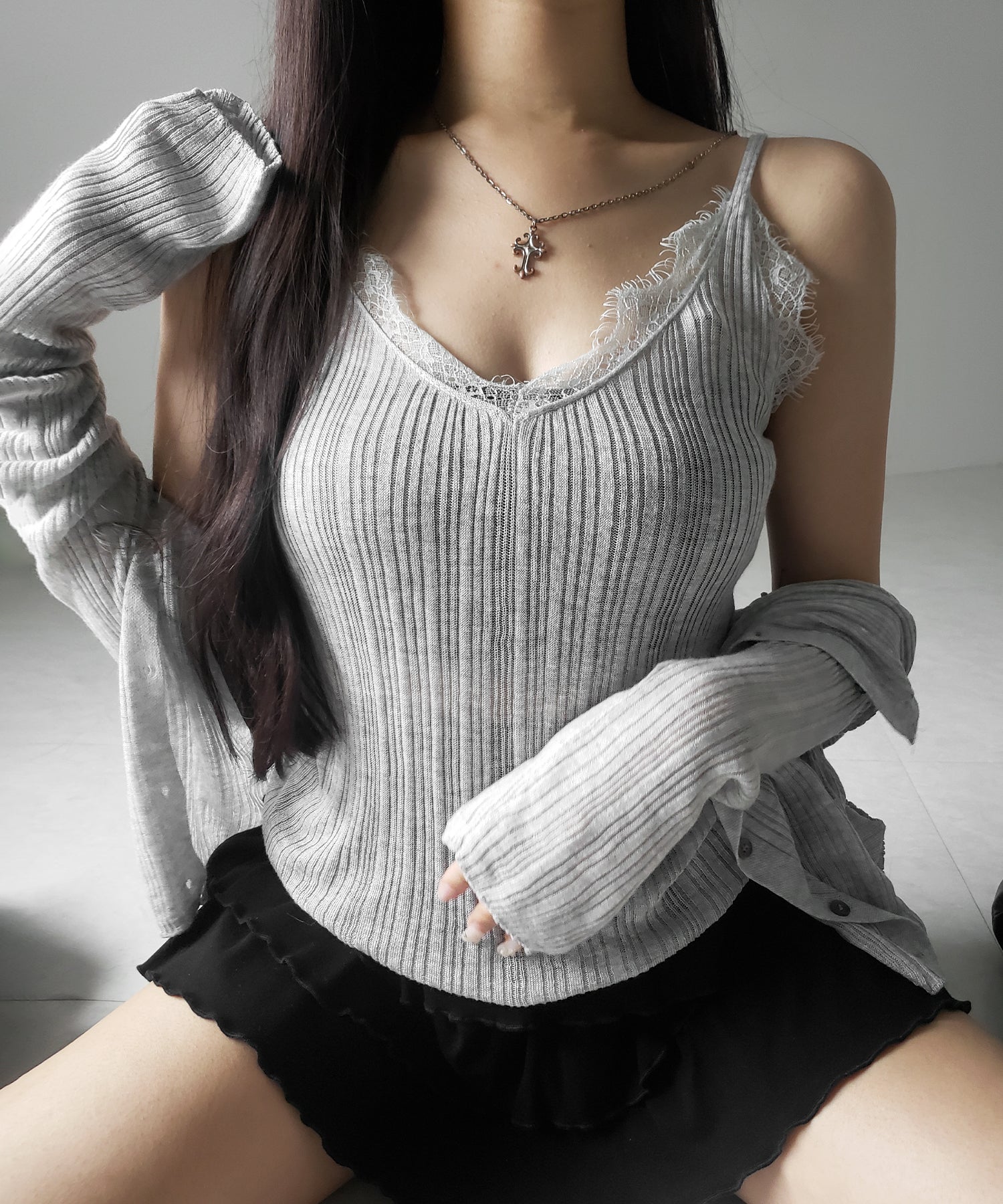 【 ２点セット 】レースニットキャミソール ＋ シアーニットカーディガン SET ／ lace knit camisole + sheer knit cardigan SET