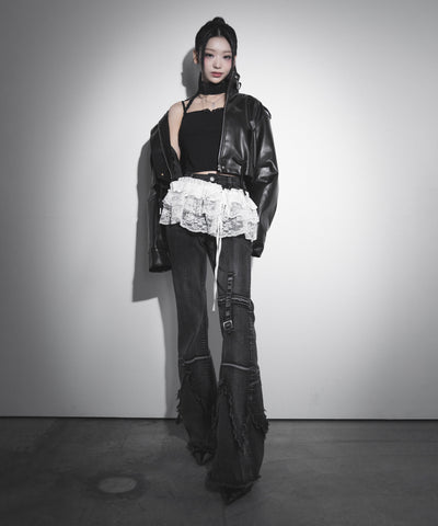 【 ２color 】ストラップリボンレースフリルミニ巻きスカート ／ strap ribbon lace frill mini wrap skirt