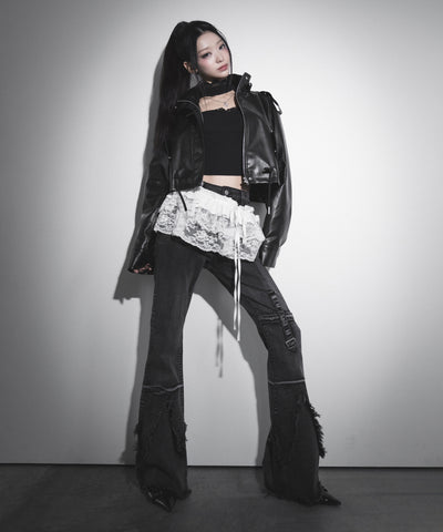 【 ２color 】ストラップリボンレースフリルミニ巻きスカート ／ strap ribbon lace frill mini wrap skirt