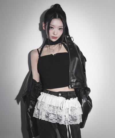 【 ２color 】ストラップリボンレースフリルミニ巻きスカート ／ strap ribbon lace frill mini wrap skirt
