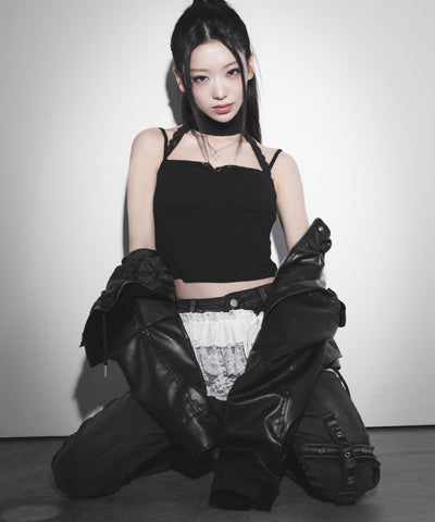 【 ２color 】ストラップリボンレースフリルミニ巻きスカート ／ strap ribbon lace frill mini wrap skirt
