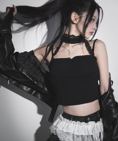 【 ２color 】ストラップリボンレースフリルミニ巻きスカート ／ strap ribbon lace frill mini wrap skirt