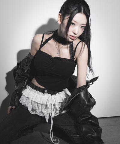 【 ２color 】ストラップリボンレースフリルミニ巻きスカート ／ strap ribbon lace frill mini wrap skirt