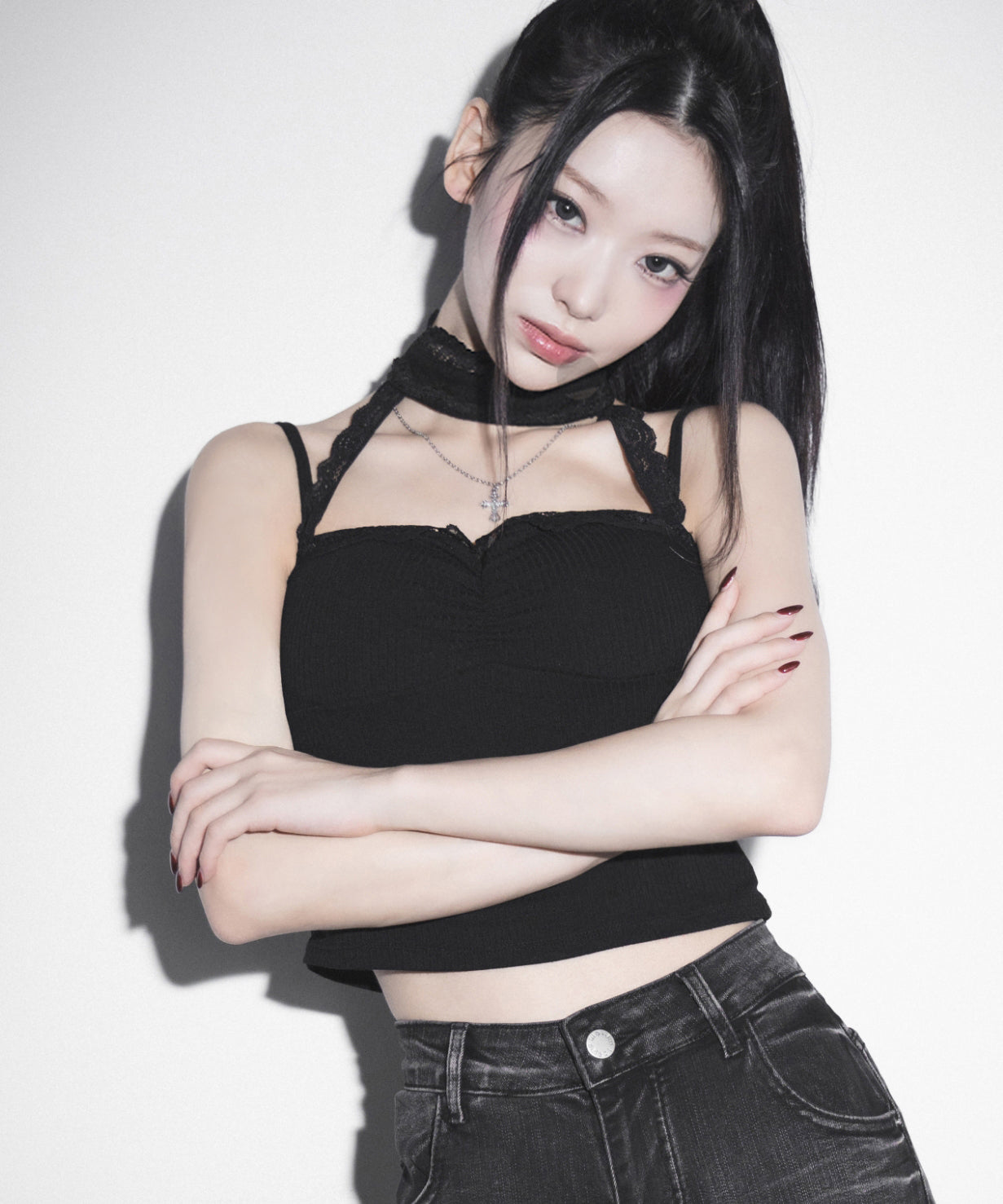 【 ２color ／ カップ付 】レースチョーカーストラップリブキャミソール ／ lace choker strap lib camisole