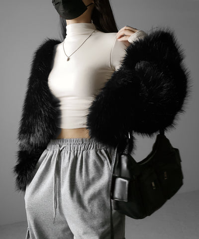 【 カップ付き ／ 裏起毛 】プチハイネックシャーリングショートカットソートップス