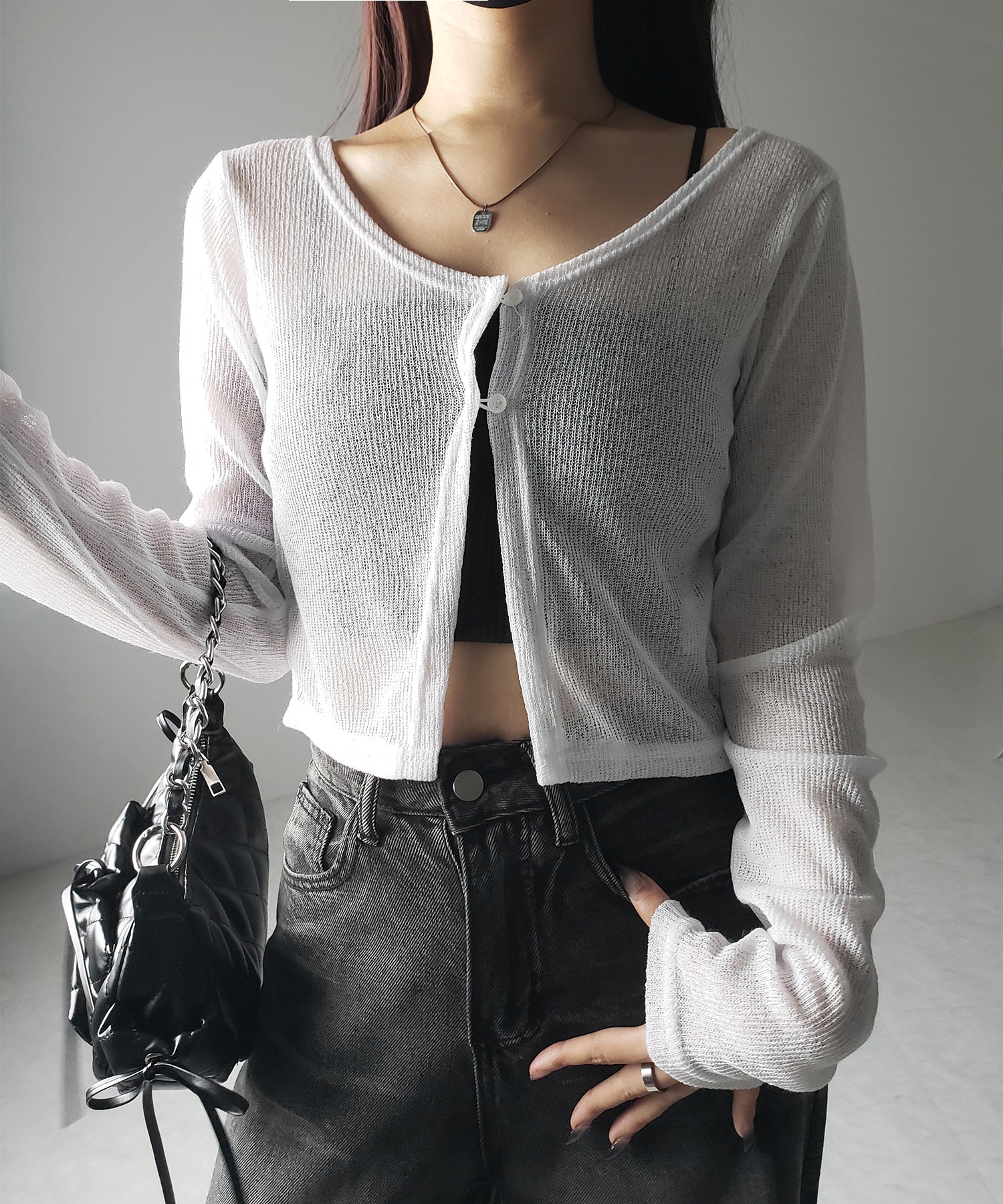 【 ３color 】フロントボタンシアーショートカーディガン ／ front botton sheer short cardigan