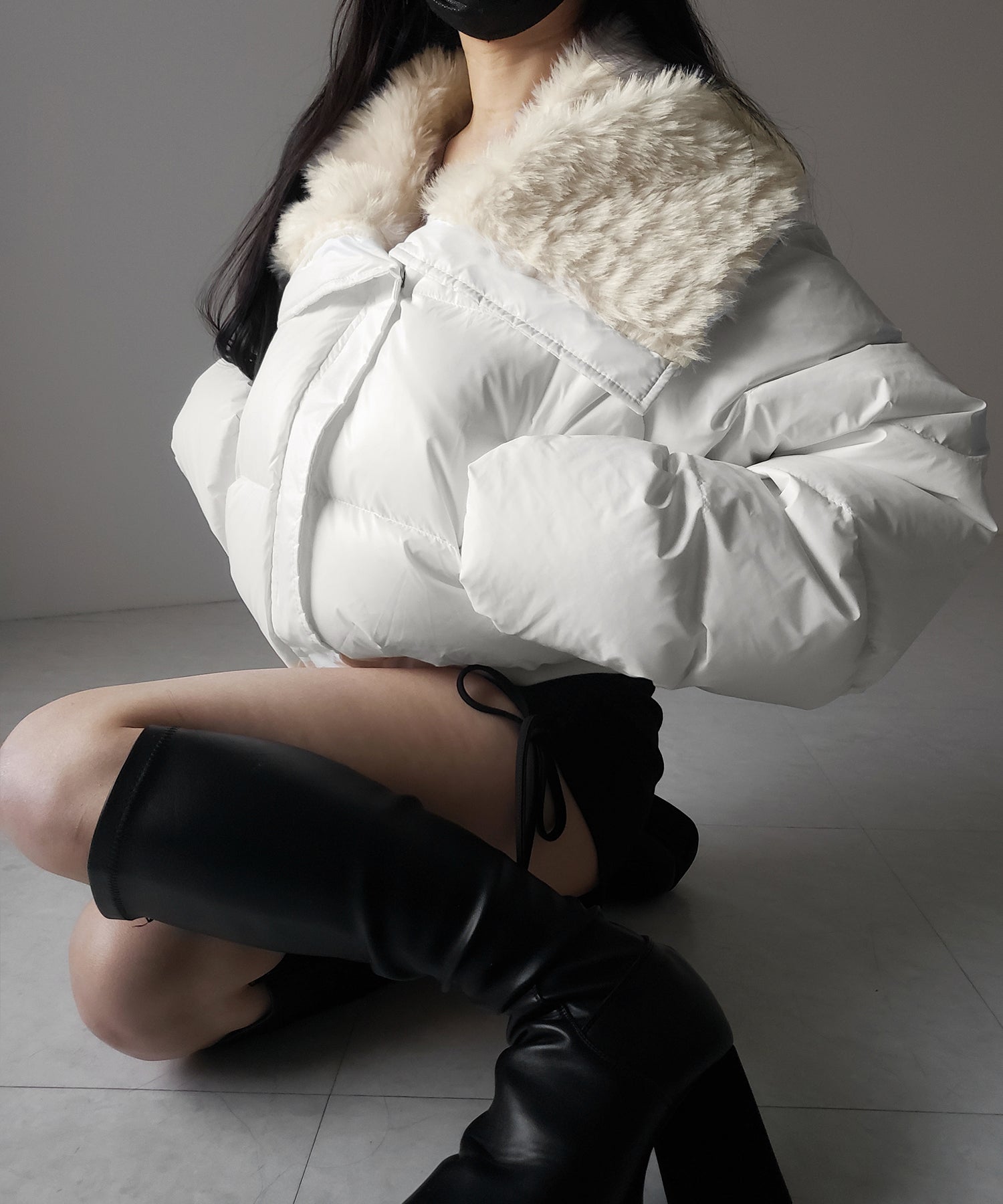 フェイクファー襟レディパフショートダウンジャケット ／ fakefur collar lady puff short down jacket