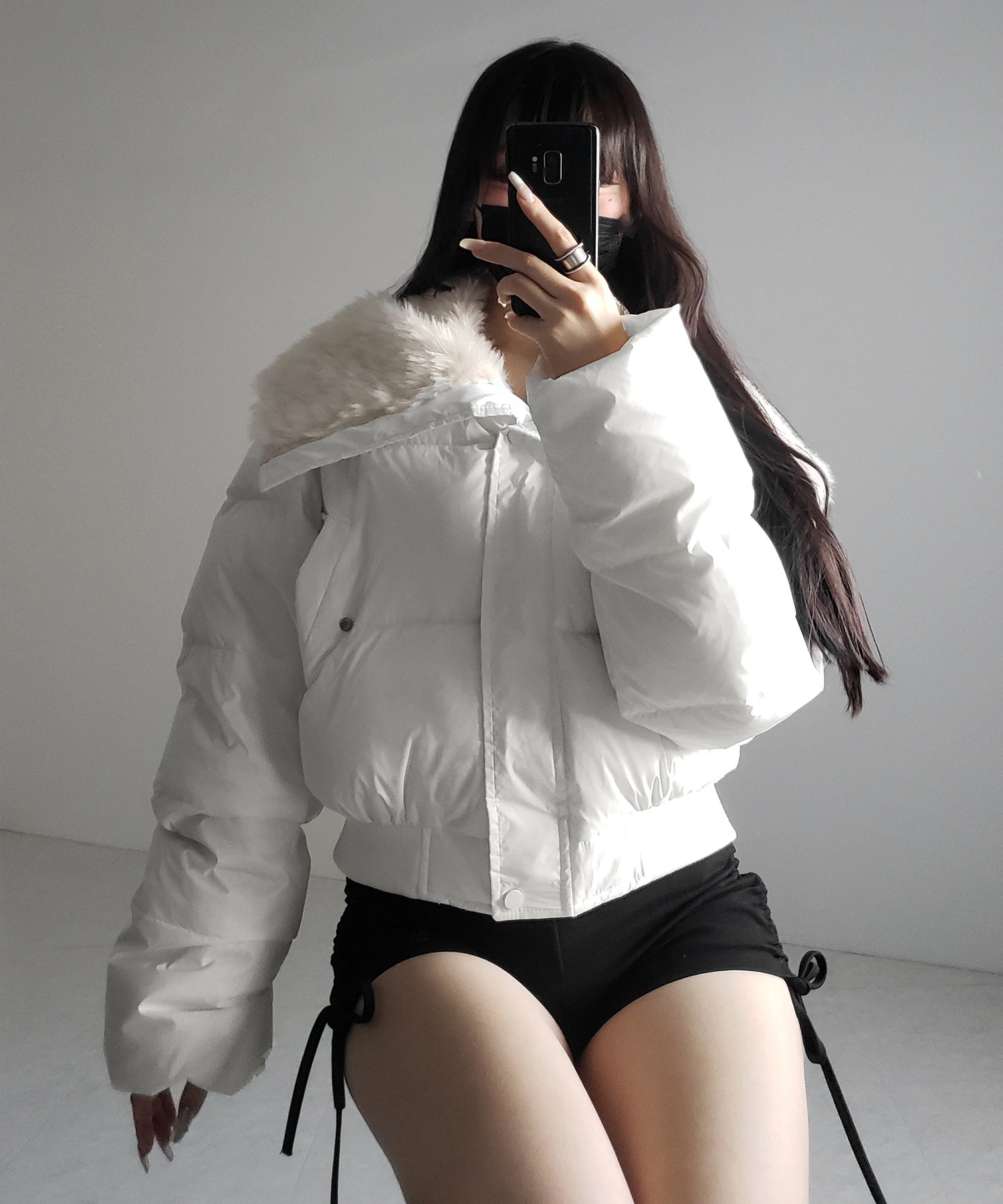 フェイクファー襟レディパフショートダウンジャケット ／ fakefur collar lady puff short down jacket