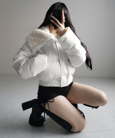 フェイクファー襟レディパフショートダウンジャケット ／ fakefur collar lady puff short down jacket