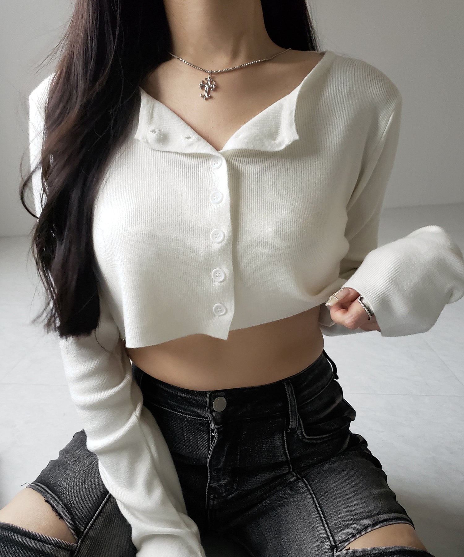 ミニボタンショートリブニットカーディガン ／ mini button short rib knit cardigan