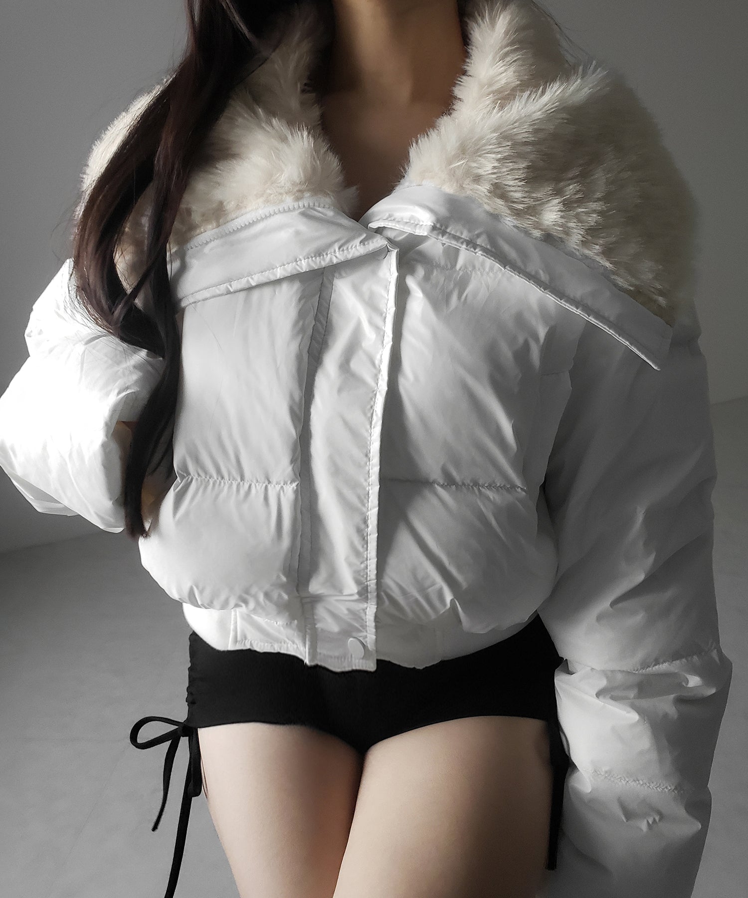 フェイクファー襟レディパフショートダウンジャケット ／ fakefur collar lady puff short down jacket