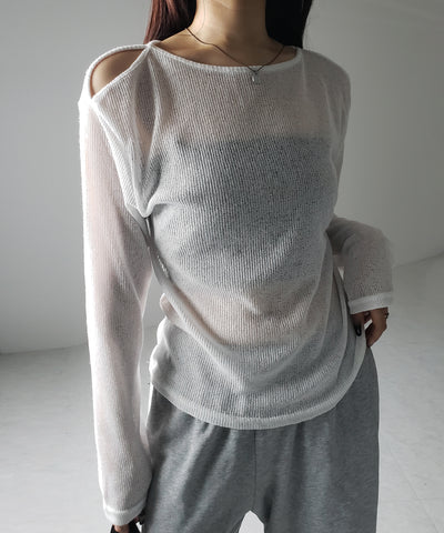 【 ３color 】カットアウトショルダールーズシアートップス ／ cutout shoulder loose sheer tops
