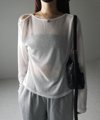 【 ３color 】カットアウトショルダールーズシアートップス ／ cutout shoulder loose sheer tops