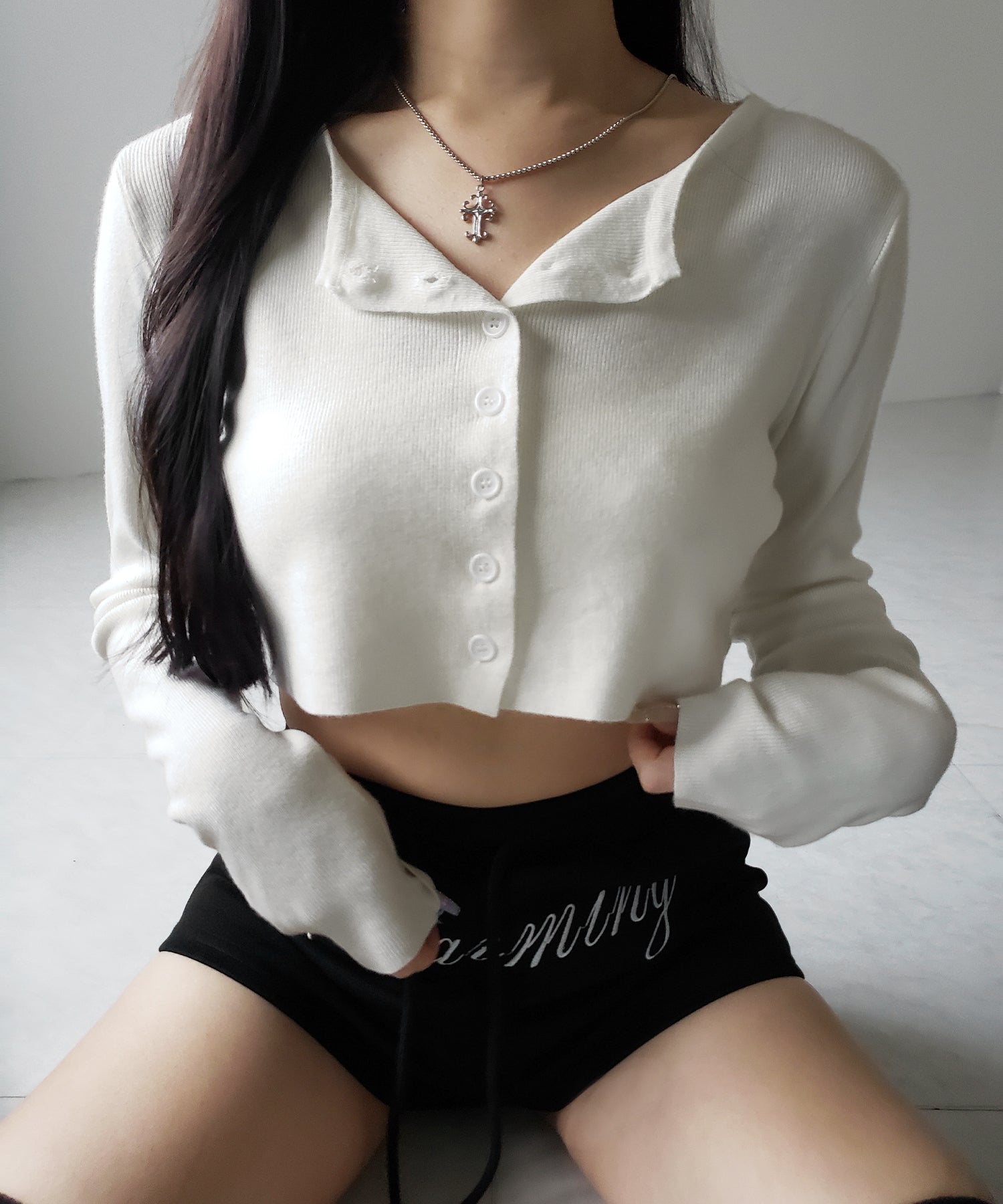 ミニボタンショートリブニットカーディガン ／ mini button short rib knit cardigan