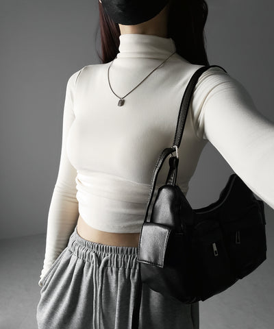 【 カップ付き ／ 裏起毛 】プチハイネックシャーリングショートカットソートップス