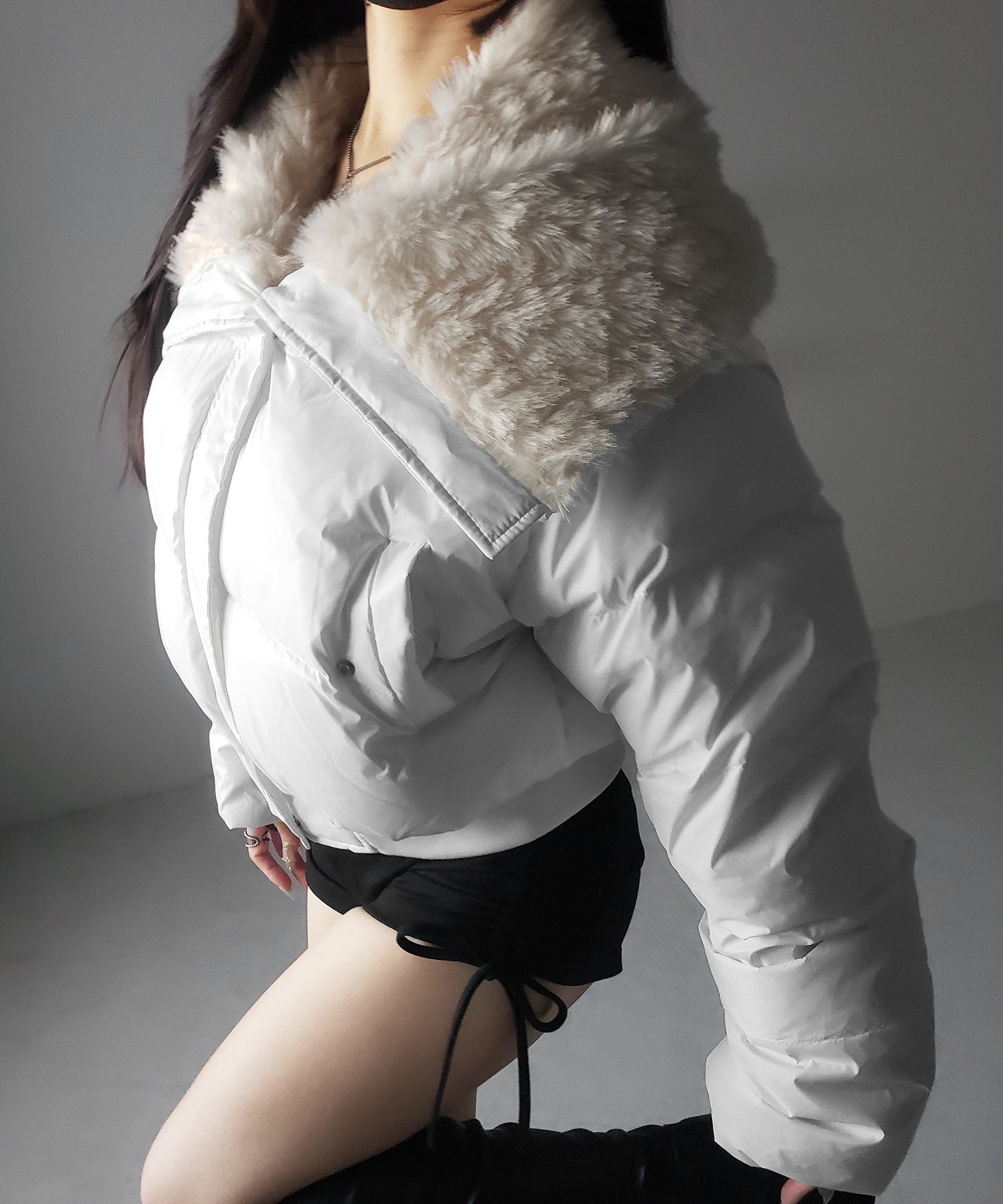 フェイクファー襟レディパフショートダウンジャケット ／ fakefur collar lady puff short down jacket