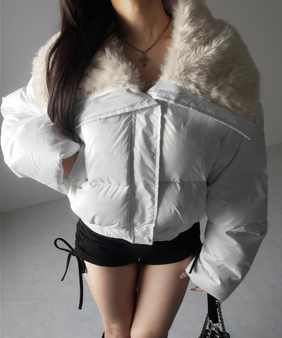 フェイクファー襟レディパフショートダウンジャケット ／ fakefur collar lady puff short down jacket