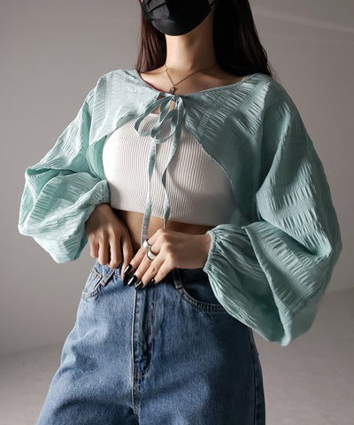 【 ７color 】フロントリボンシャーリングショートボレロカーディガン