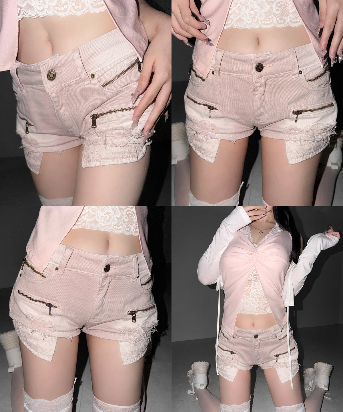 レースポケットダメージデニムマイクロショートパンツ／ lace pocket damage denim micro short pants