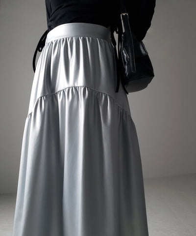 【 ２color 】メタリックフェイクレザーギャザーフレアスカート ／ metallic fake leather gather flare skirt
