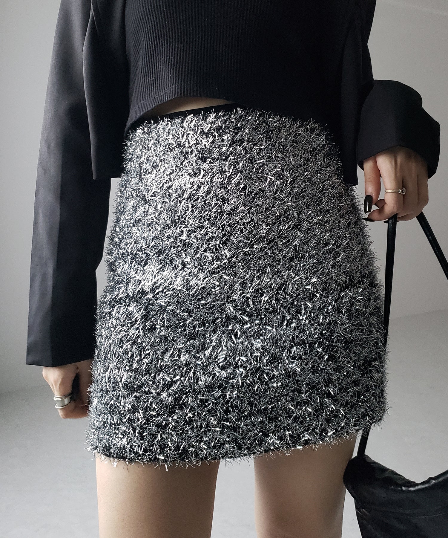【 インパン裏地付 】ラメシャギーハイウエストミニスカート ／ Lame shaggy high waist mini skirt