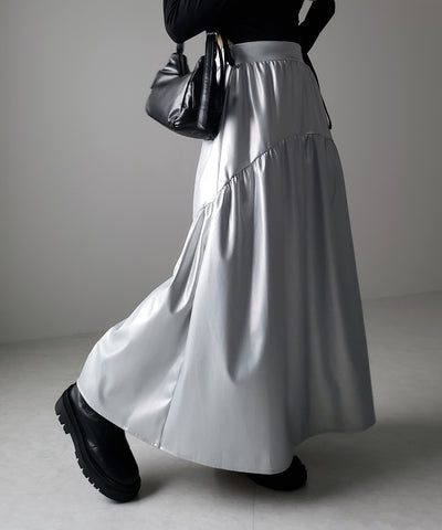【 ２color 】メタリックフェイクレザーギャザーフレアスカート ／ metallic fake leather gather flare skirt
