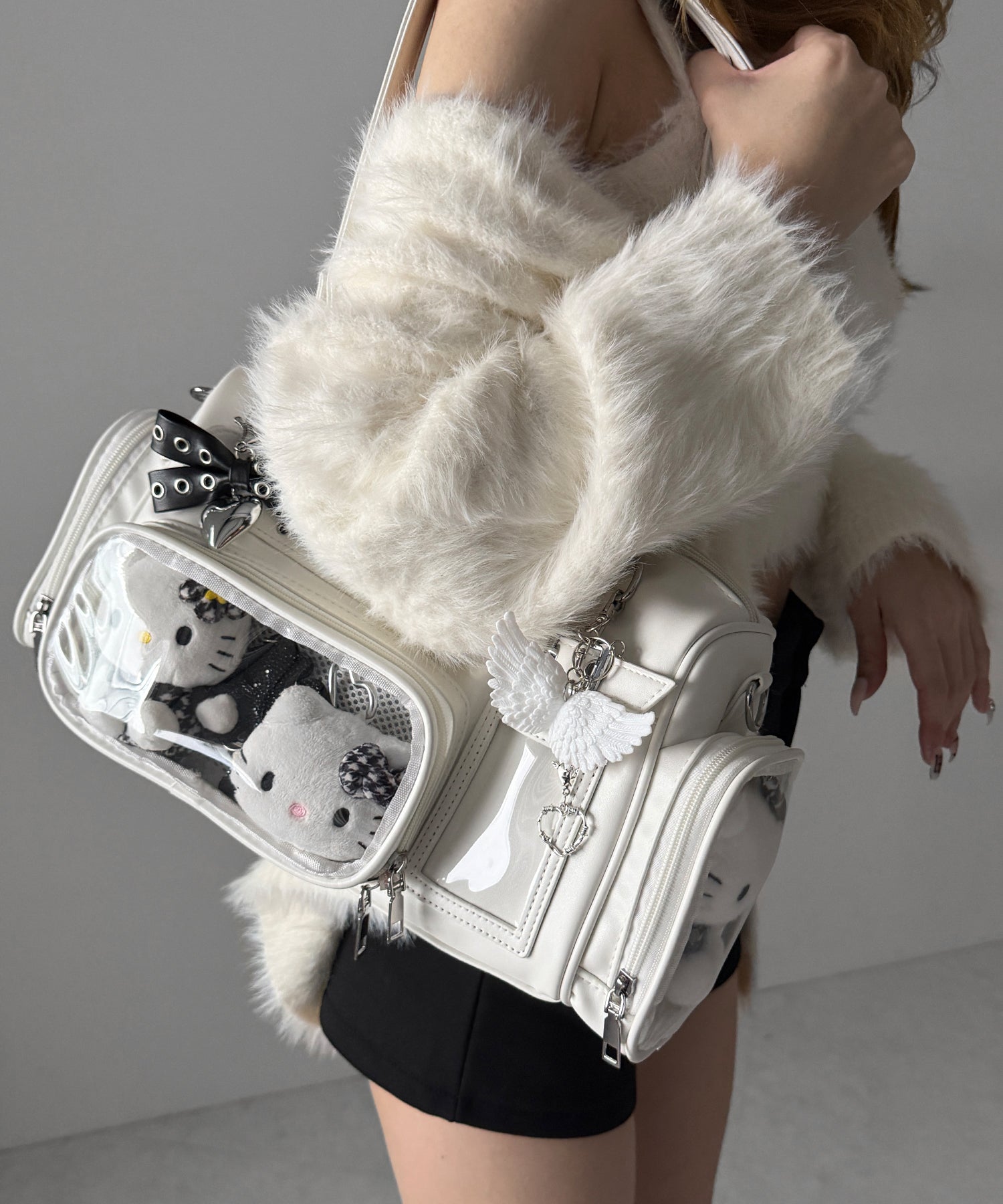 クリアポケット付きレタリング刺繍ショルダーバッグ ／ clear pocket lettering embroidery shoulder bag