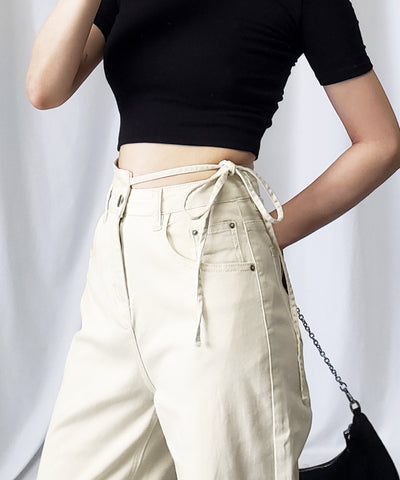 【 ４color 】カットアウトサイドリボンウォッシュストレートデニム