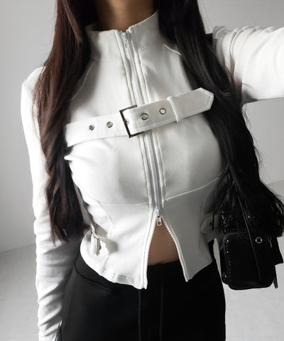 スタンドカラーベルテッドダブルジップスリムトップス ／ stand collar belted double zip slim tops