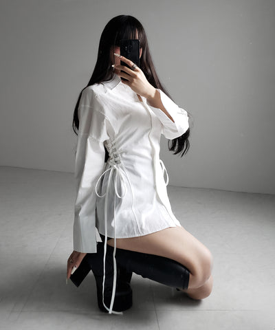 レースアップサイドリボンスリムラインシャツ ／ lace up side ribbon slim line shirt