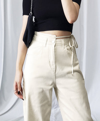 【 ４color 】カットアウトサイドリボンウォッシュストレートデニム
