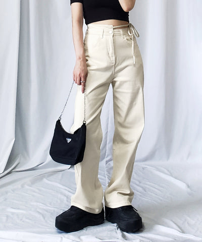 【 ４color 】カットアウトサイドリボンウォッシュストレートデニム