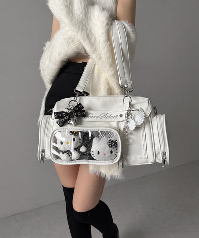 クリアポケット付きレタリング刺繍ショルダーバッグ ／ clear pocket lettering embroidery shoulder bag