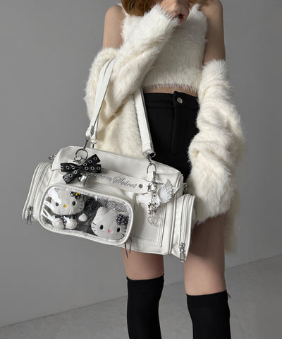 クリアポケット付きレタリング刺繍ショルダーバッグ ／ clear pocket lettering embroidery shoulder bag