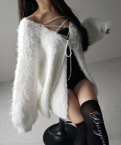 レースアップリボンオーバーシャギーニットカーディガン ／ lace up ribbon over shaggy knit cardigan