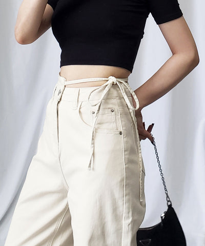 【 ４color 】カットアウトサイドリボンウォッシュストレートデニム