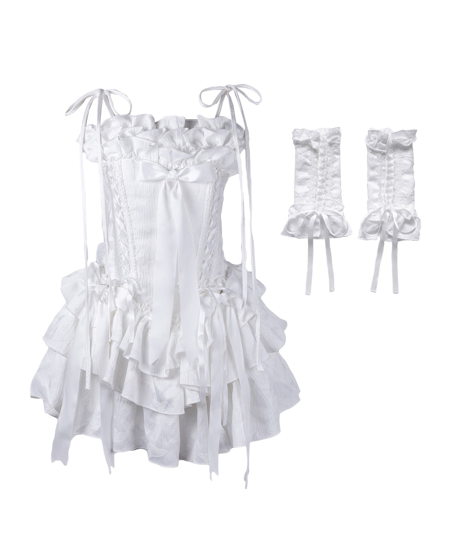 【 限定先行販売 】【 arm cover SET 】 shoulder ribbon lace up volume frill mini onepiece dress