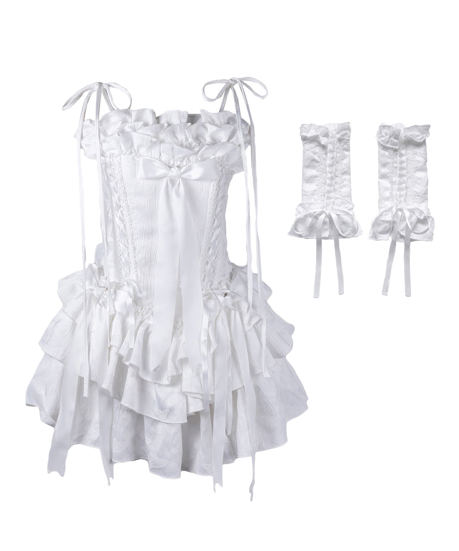 【 アームカバー付き 】ショルダーリボンレースアップボリュームフリルミニワンピドレス ／ 【 arm cover SET 】 shoulder ribbon lace up volume frill mini onepiece dress