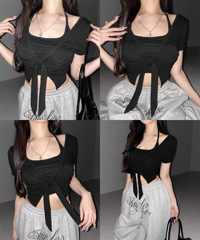 フロントリボンレイヤードトップス ＋ ホルターキャミ  ＳＥＴ  ／ front ribbon layered tops ＋ halter camisole SET
