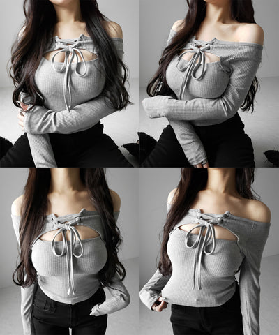 レースアップリボンカットアウトオフショルリブロンT ／ lace up ribbon cutout offshoulder ribbed long T-shirt