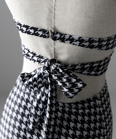 【 レディース水着／２点セット 】千鳥格子柄クロスウエストリボンハイウエストビキニ ／ houndstooth pattern cross waist ribbon high waist bikini