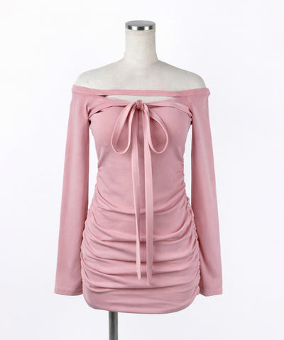 【 クロスネックにもできる３WAY 】フロントリボンオフショルワンホンタイトミニワンピース ／ front ribbon off shoulder wanghong mini onpiece