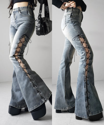 レースアップカットアウトストレッチフレアデニム ／ lace up cutout stretch flare denim